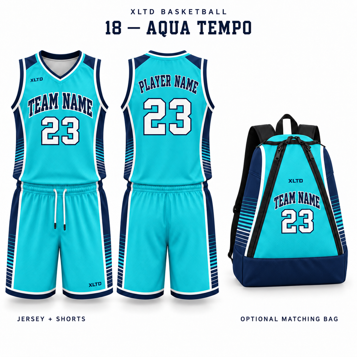 Aqua Tempo XLTD custom basketball jersey and shorts, front and back views, with optional matching tapered backpack.