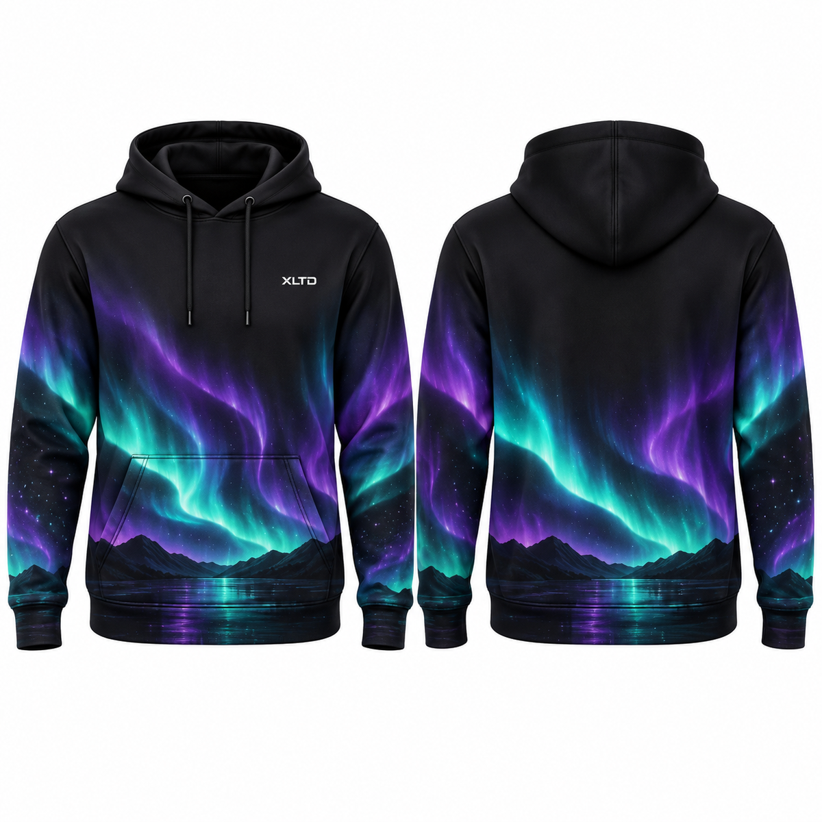 Aurora Pulse custom sublimation hoodie, purple / teal / black, front and back mockup — XLTD Sportswear