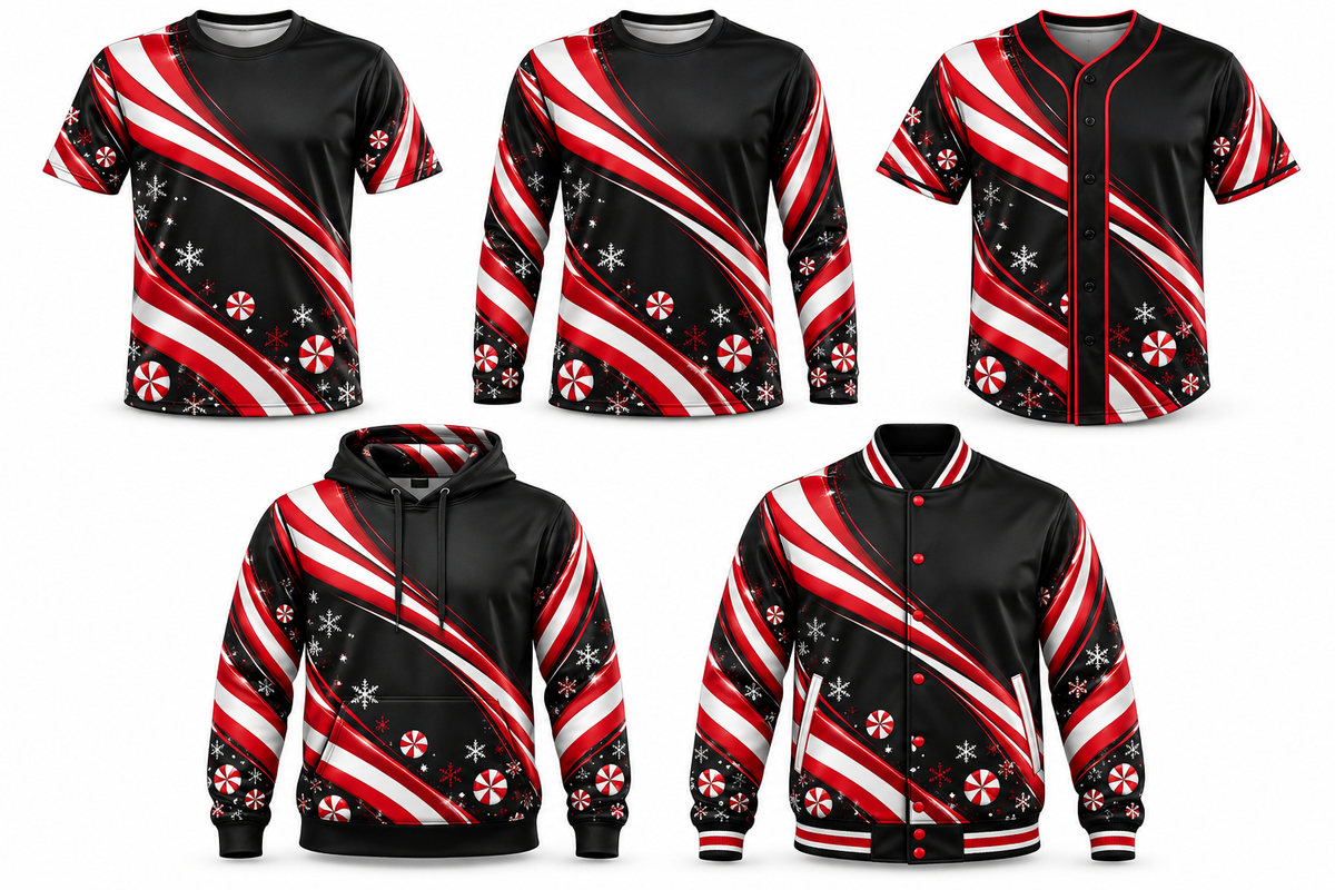 Candy Cane Rush Christmas design shown on all five apparel options