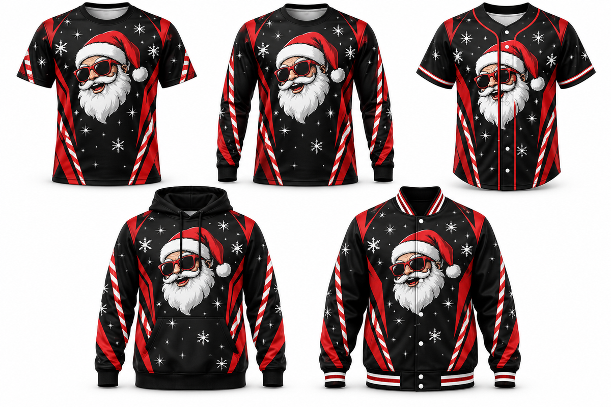 Santa After Dark Christmas design shown on all five apparel options
