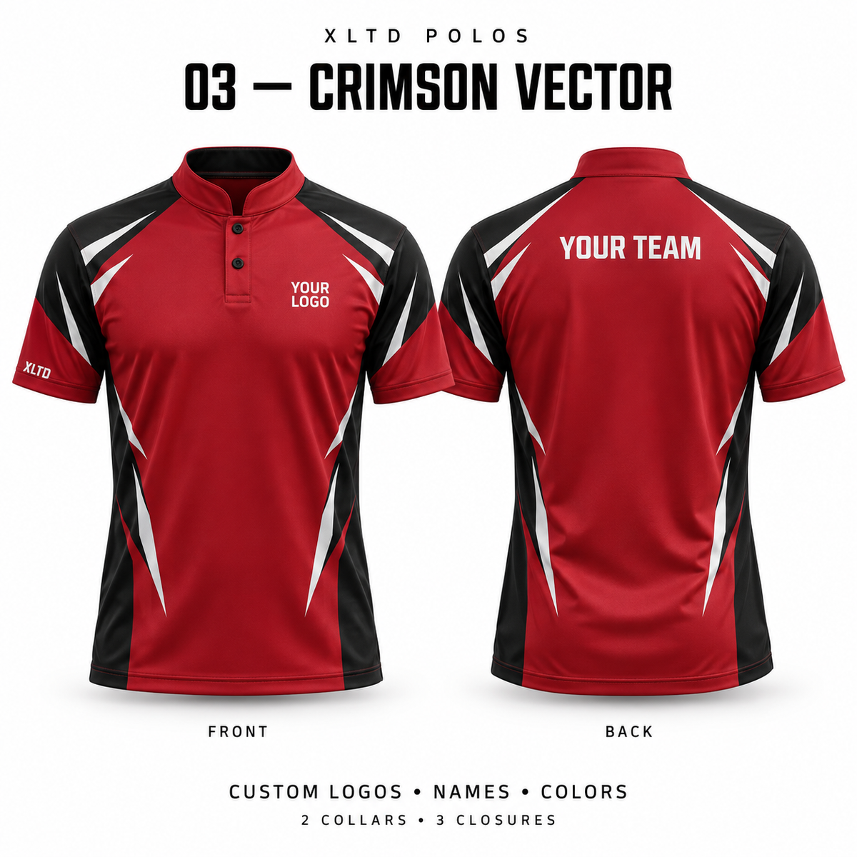 Crimson Vector custom polo front and back, Mandarin / Stand-Up collar with 2 Button closure; customizable in Crimson / Black / White.