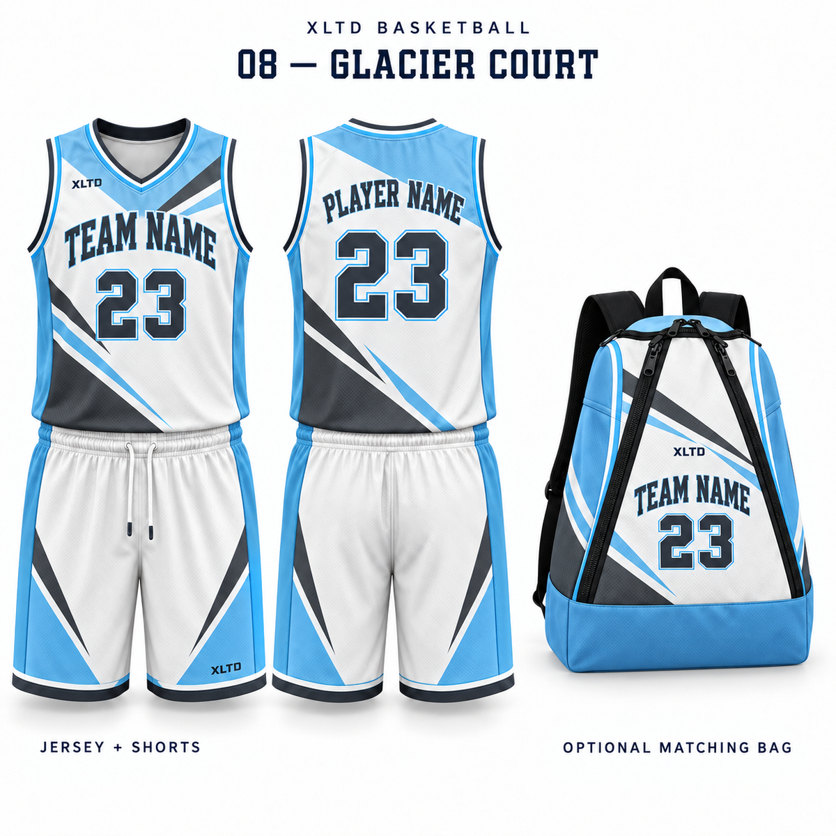 Glacier Court XLTD custom basketball jersey and shorts, front and back views, with optional matching tapered backpack.