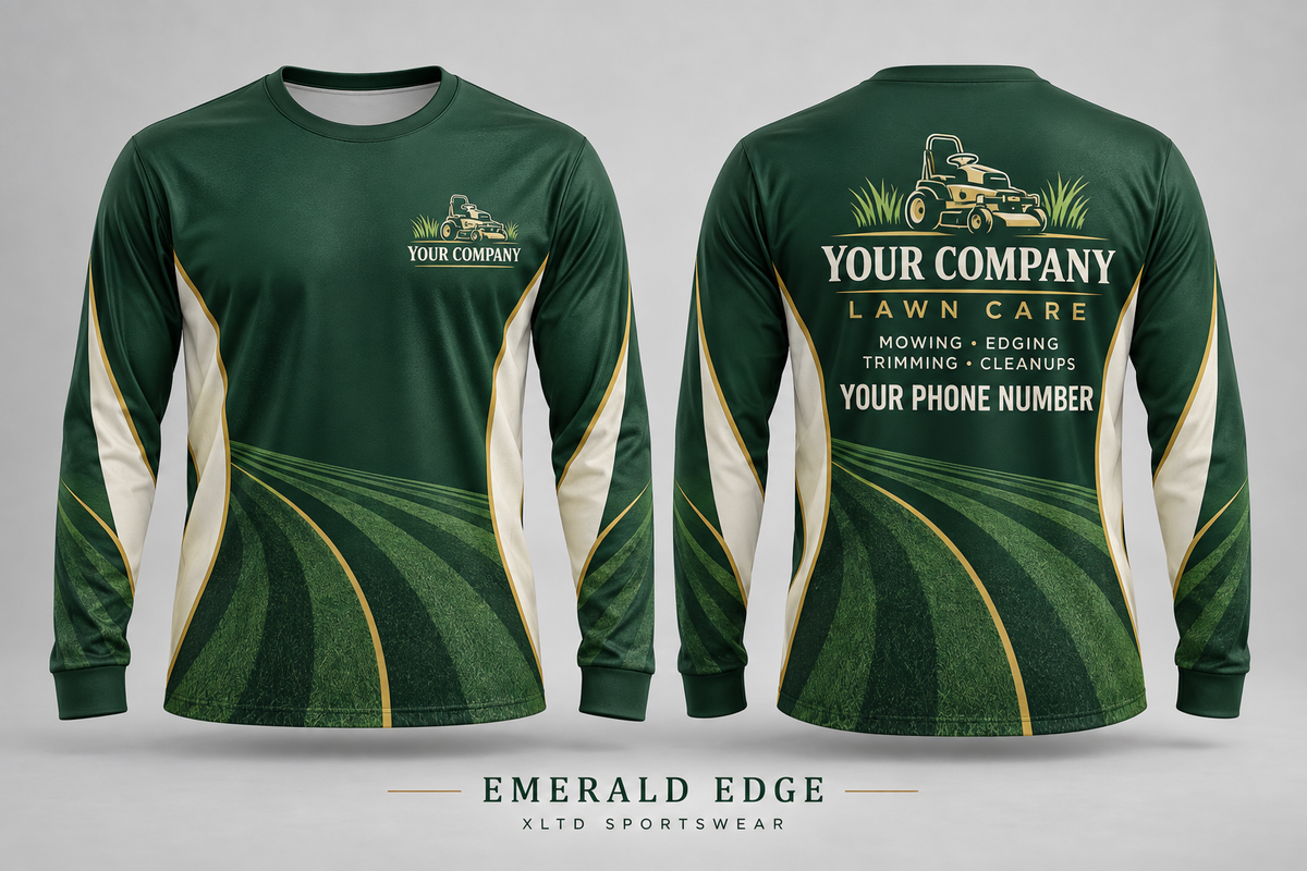 Emerald Edge custom lawn care long-sleeve shirt front and back with customizable company name, phone number and services.