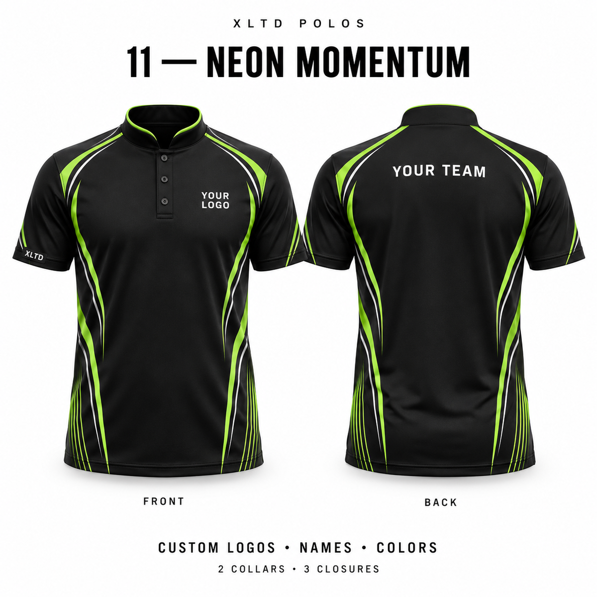 Neon Momentum custom polo front and back, Mandarin / Stand-Up collar with 3 Button closure; customizable in Black / Lime / White.