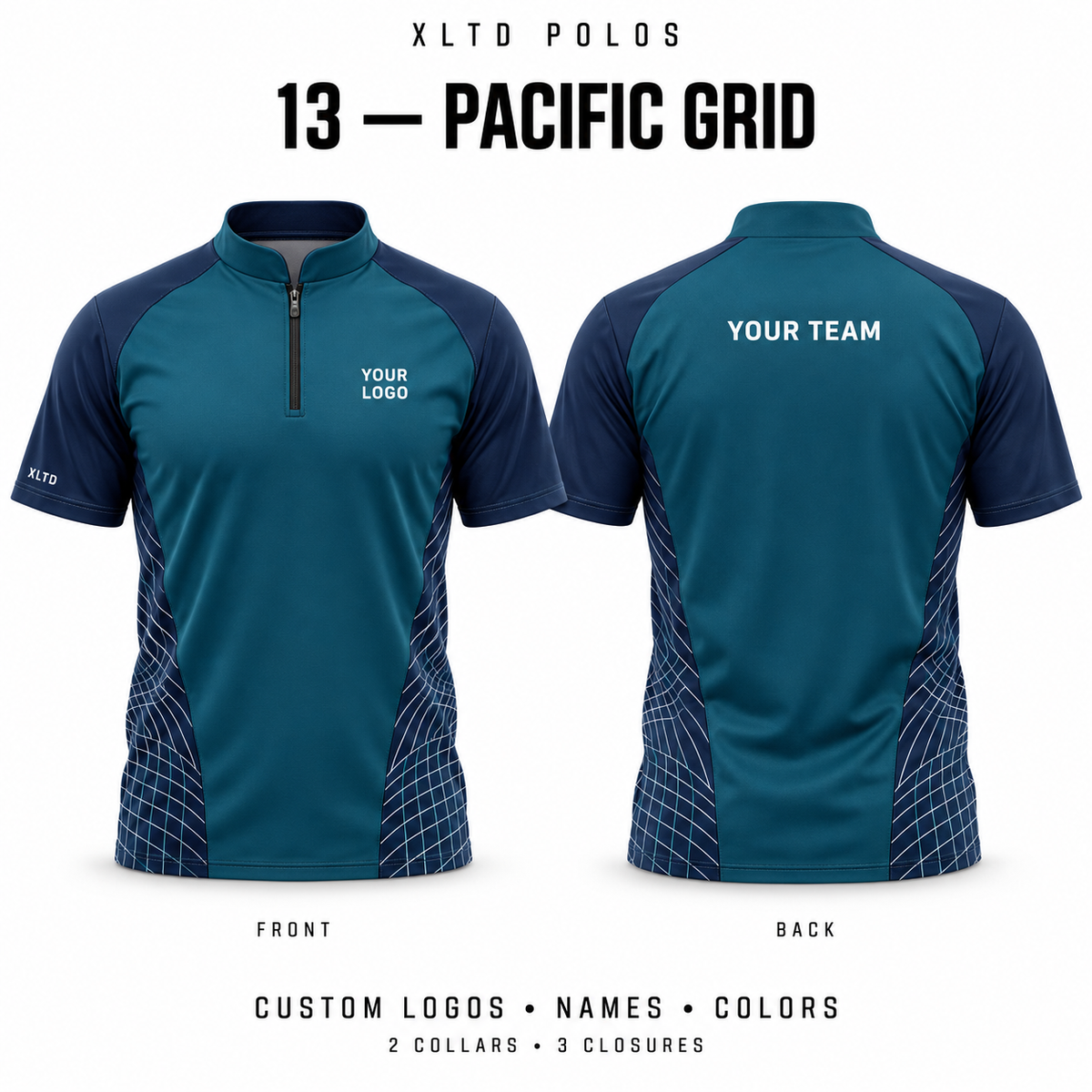 Pacific Grid custom polo front and back, Mandarin / Stand-Up collar with 1/4 Zipper closure; customizable in Deep Teal / Navy / White.