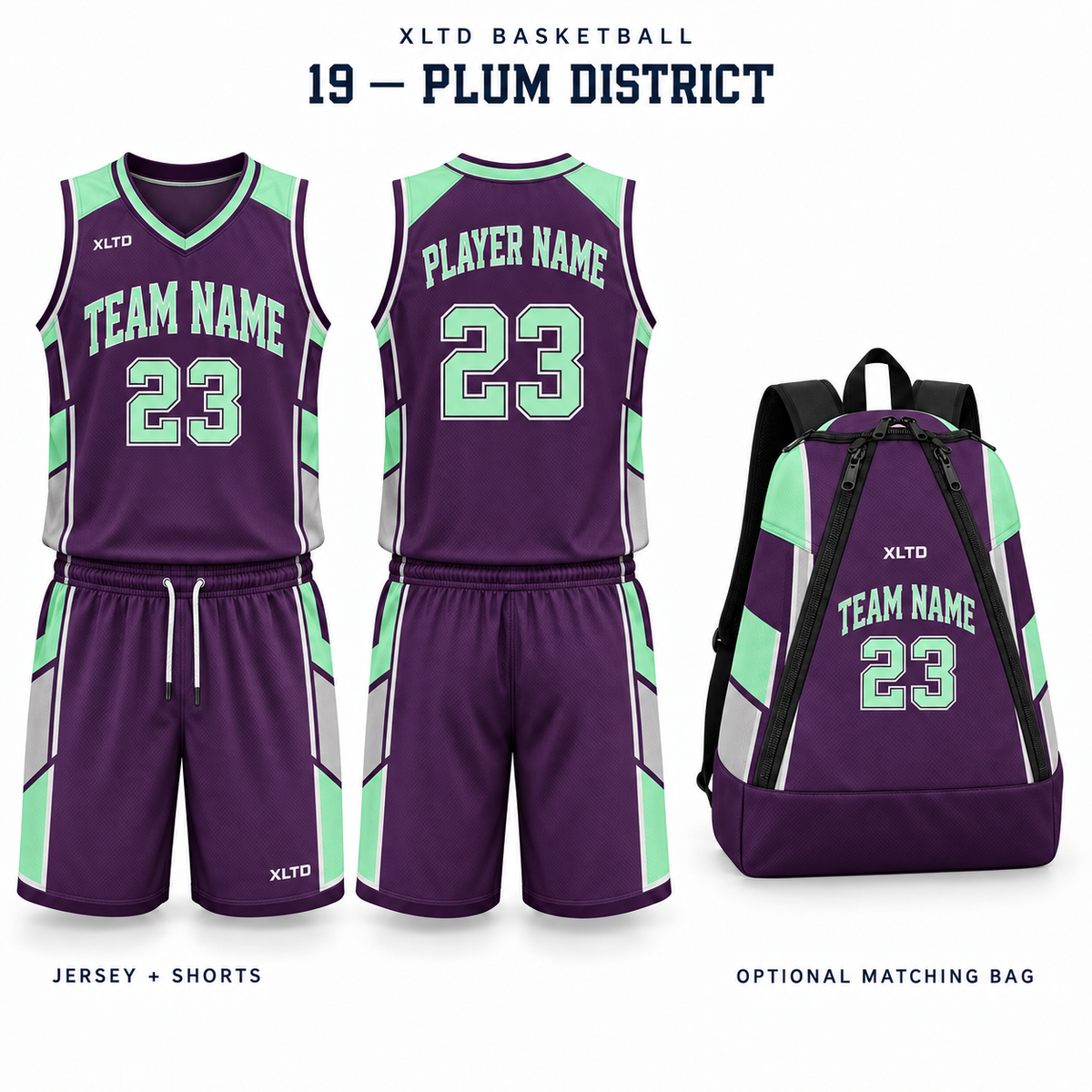 Plum District XLTD custom basketball jersey and shorts, front and back views, with optional matching tapered backpack.