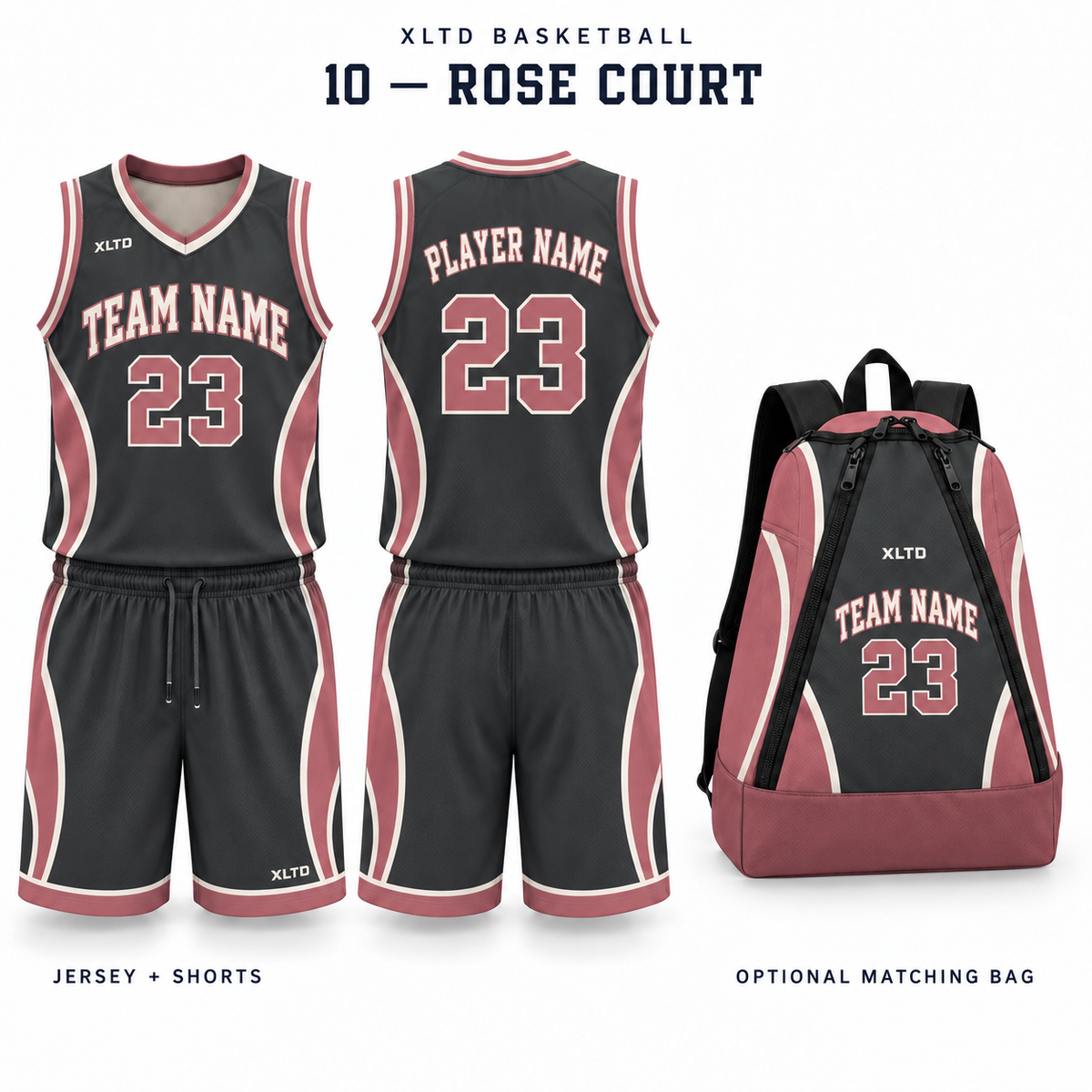 Rose Court XLTD custom basketball jersey and shorts, front and back views, with optional matching tapered backpack.