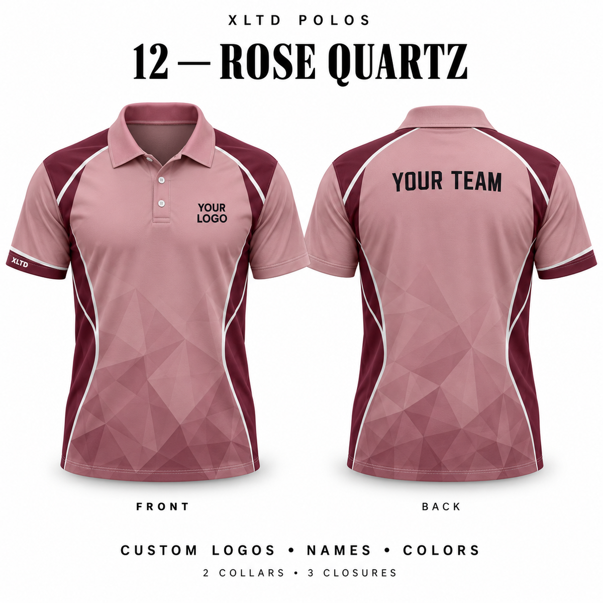 Rose Quartz custom polo front and back, Normal Polo collar with 3 Button closure; customizable in Dusty Rose / Burgundy / White.