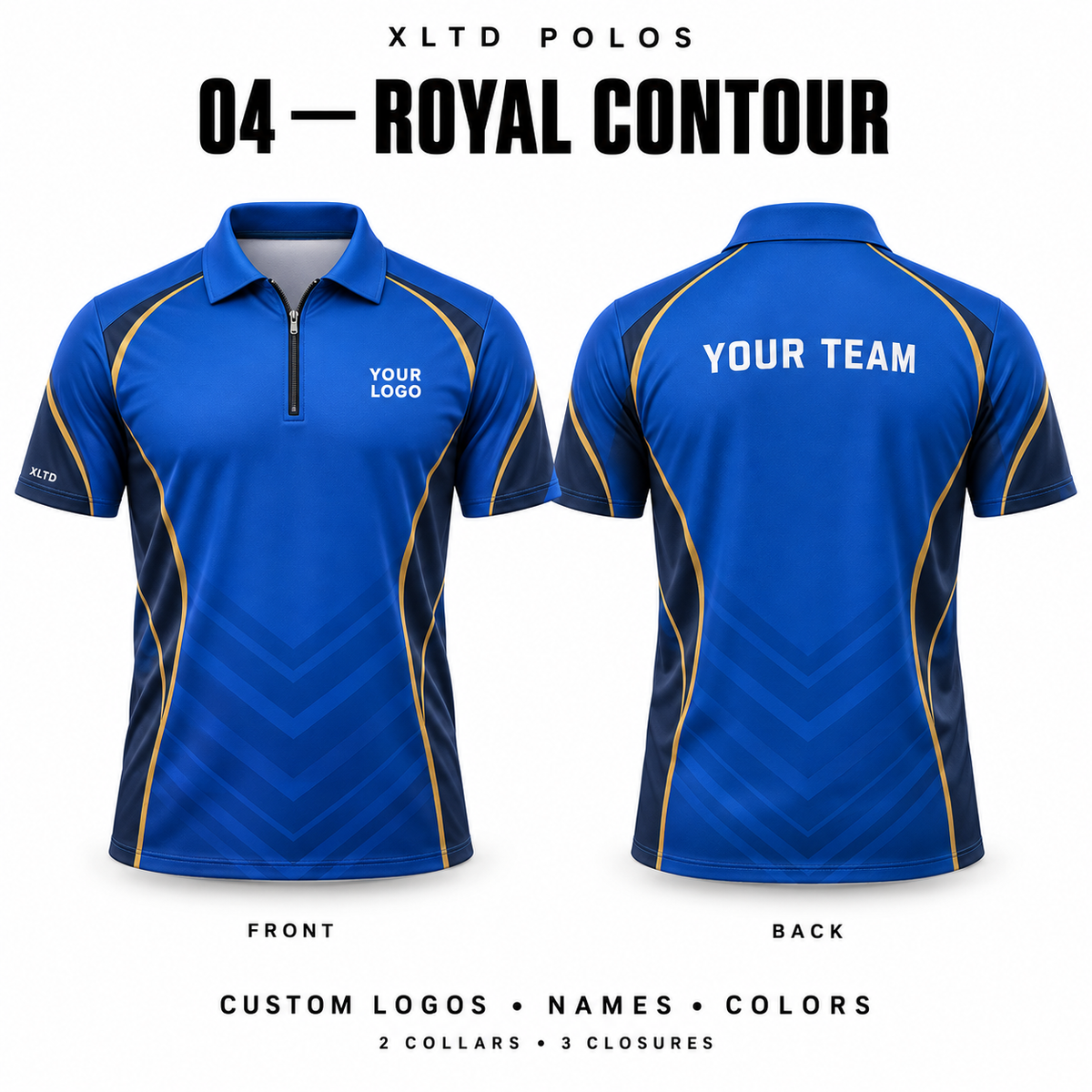 Royal Contour custom polo front and back, Normal Polo collar with 1/4 Zipper closure; customizable in Royal Blue / Navy / Gold.