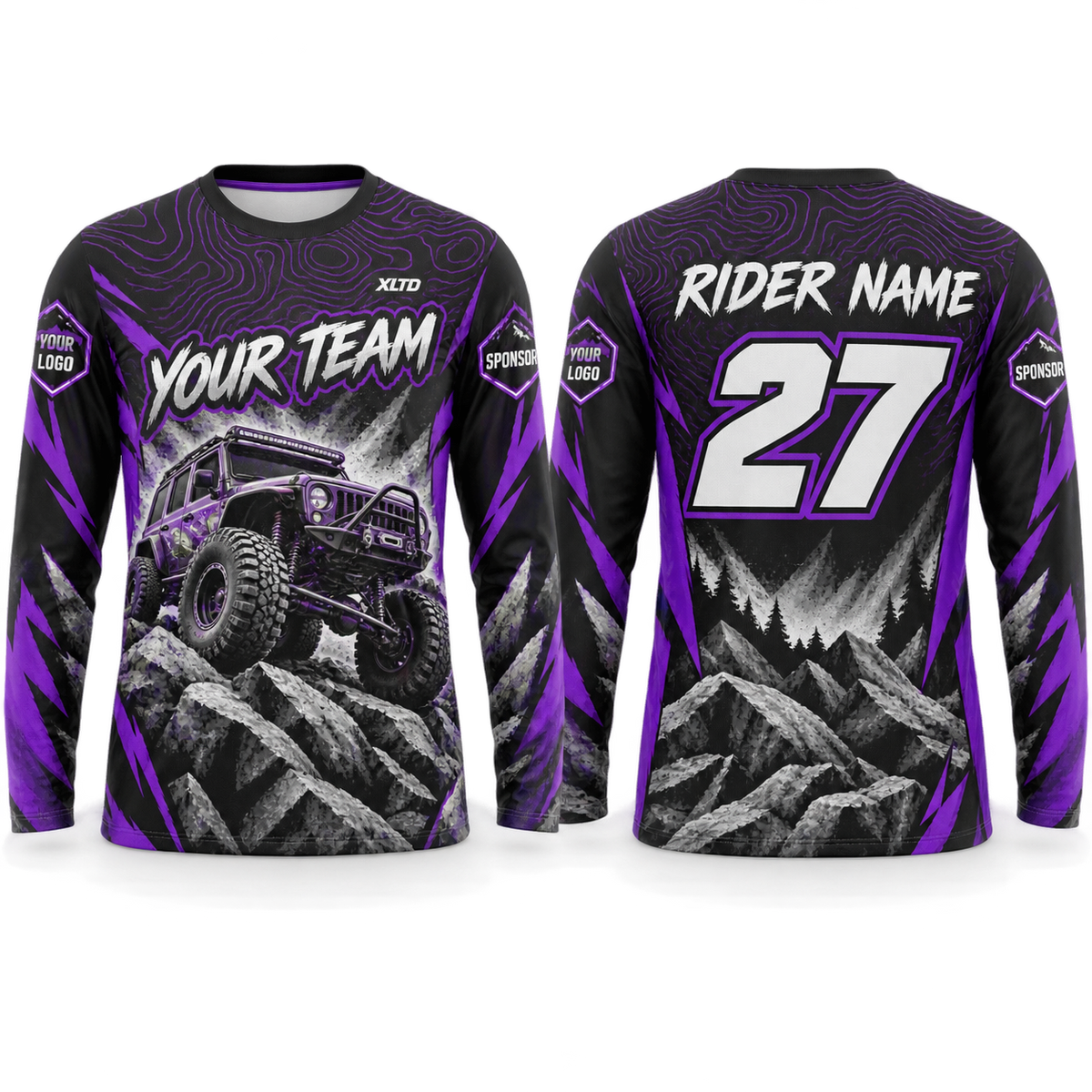 Violet Rock Crawler custom off-roading shirt in purple, black, silver and white, front and back with customizable team name, rider name, number, logo and sponsors