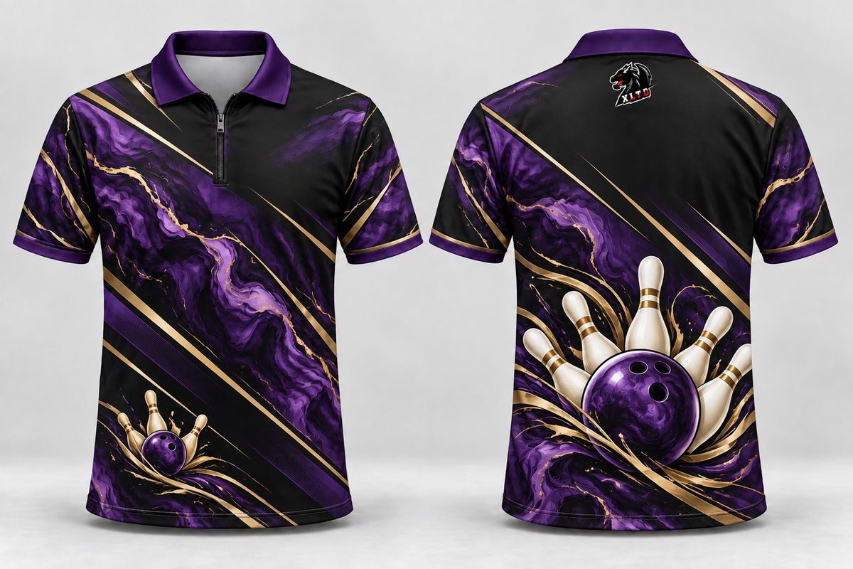 Amethyst Marble custom sublimated bowling jersey, front and back views with XLTD logo