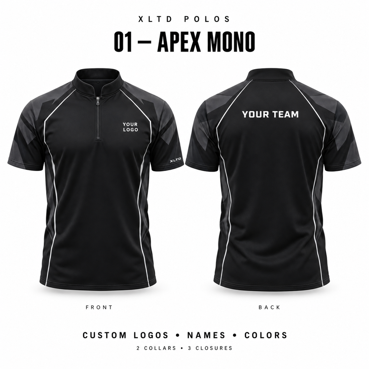 Apex Mono custom polo front and back, Mandarin / Stand-Up collar with 1/4 Zipper closure; customizable in Black / Charcoal / White.