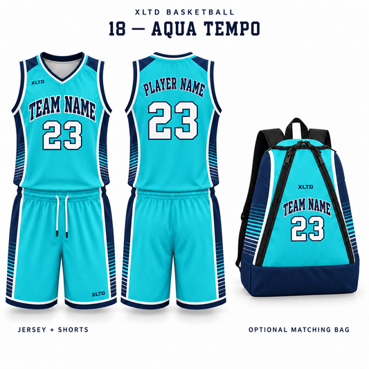 Aqua Tempo XLTD custom basketball jersey and shorts, front and back views, with optional matching tapered backpack.