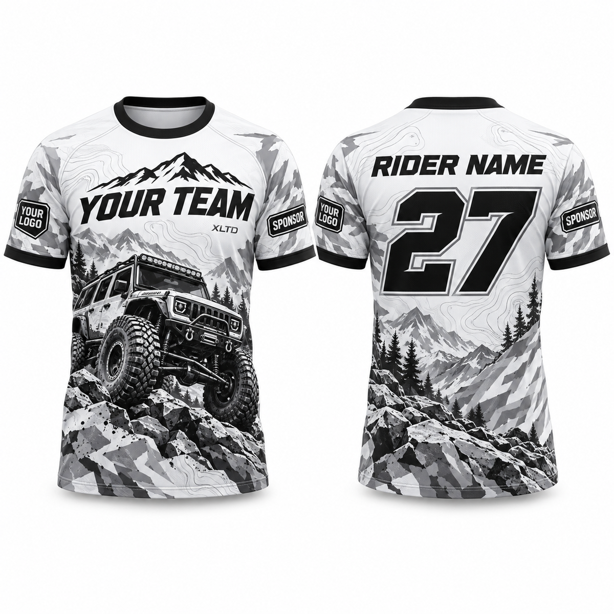 Arctic Crawler custom off-roading shirt in white, black and cool gray, front and back with customizable team name, rider name, number, logo and sponsors