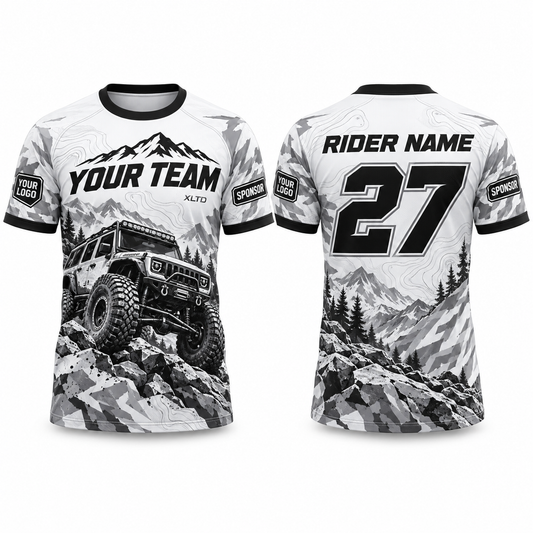 Arctic Crawler custom off-roading shirt in white, black and cool gray, front and back with customizable team name, rider name, number, logo and sponsors