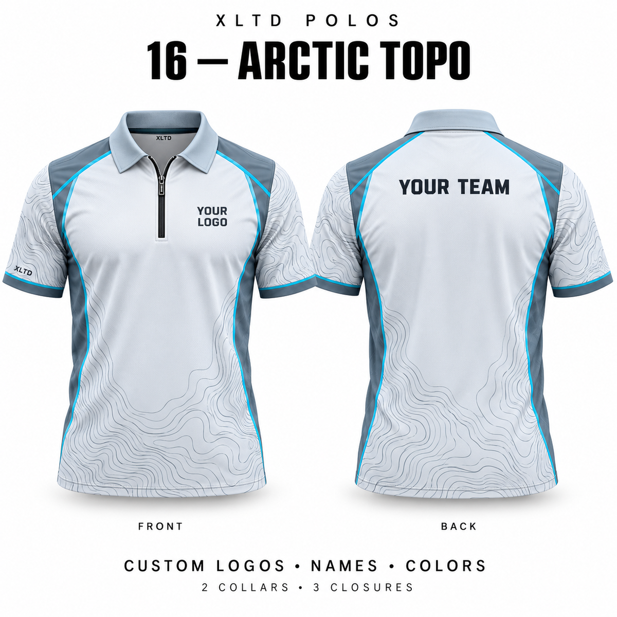 Arctic Topo custom polo front and back, Normal Polo collar with 1/4 Zipper closure; customizable in Ice Gray / White / Cyan.