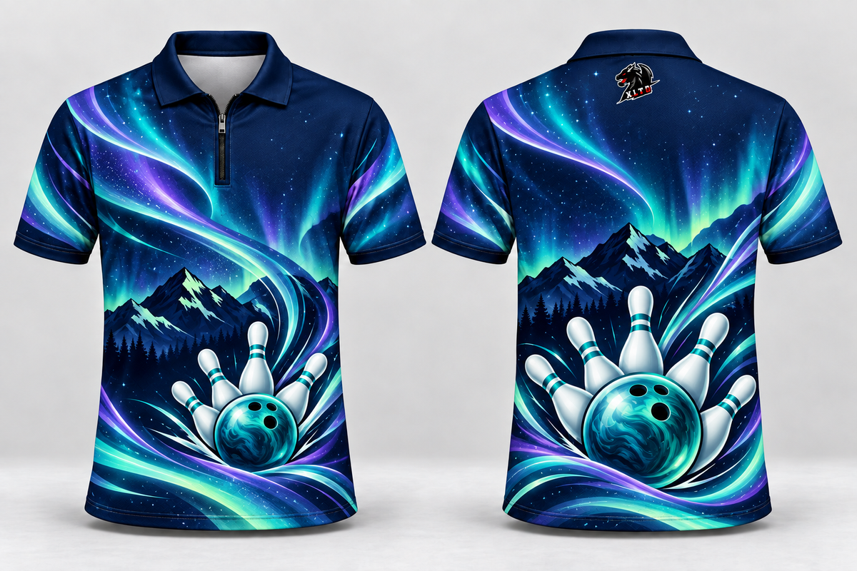 Aurora Roll custom sublimated bowling jersey, front and back views with XLTD logo