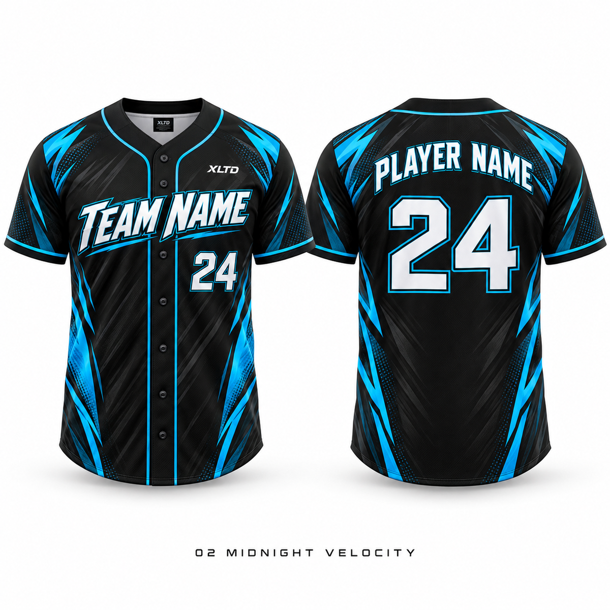 Midnight Velocity full-button baseball jersey front and back mockup