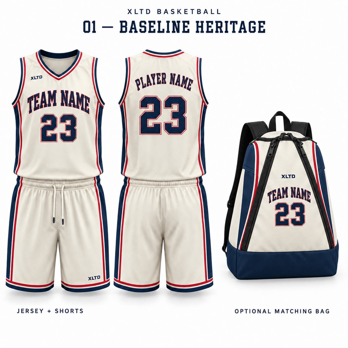 Baseline Heritage XLTD custom basketball jersey and shorts, front and back views, with optional matching tapered backpack.