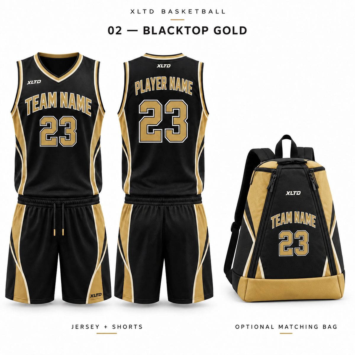 Blacktop Gold XLTD custom basketball jersey and shorts, front and back views, with optional matching tapered backpack.