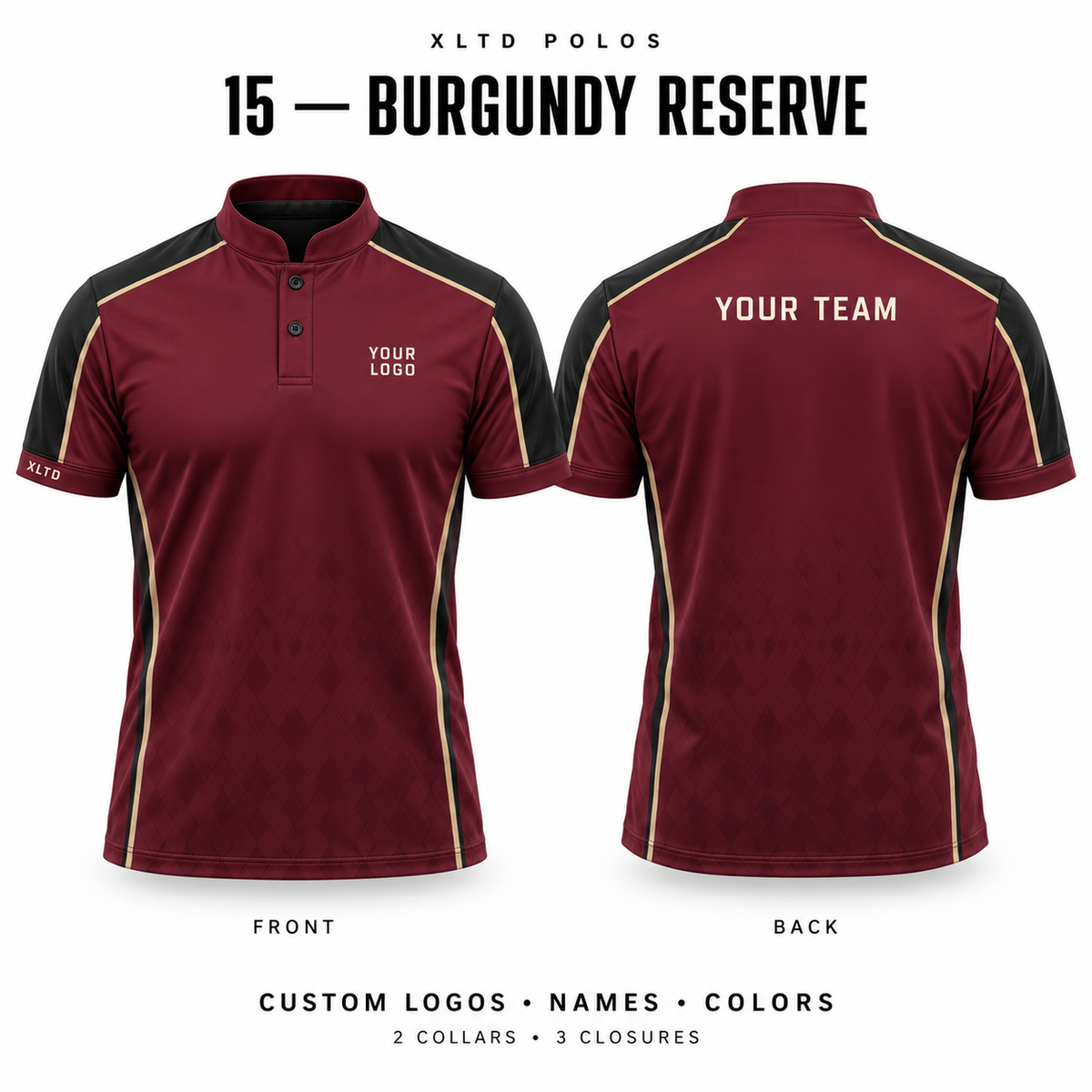 Burgundy Reserve custom polo front and back, Mandarin / Stand-Up collar with 2 Button closure; customizable in Burgundy / Black / Champagne.