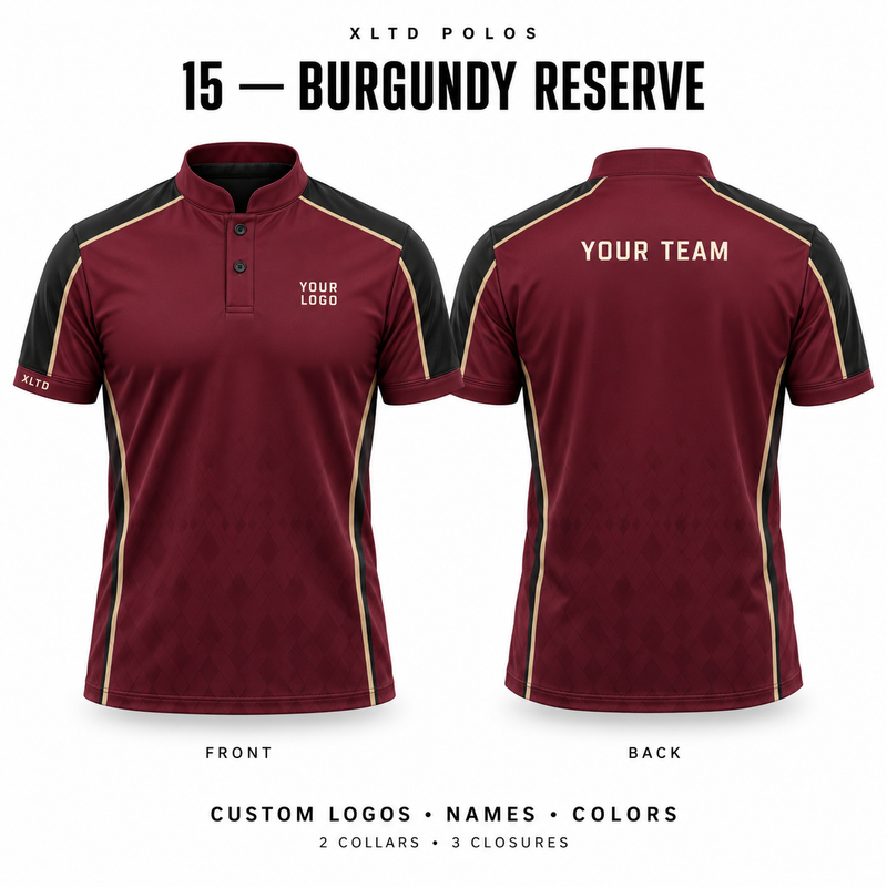Burgundy Reserve custom polo front and back, Mandarin / Stand-Up collar with 2 Button closure; customizable in Burgundy / Black / Champagne.