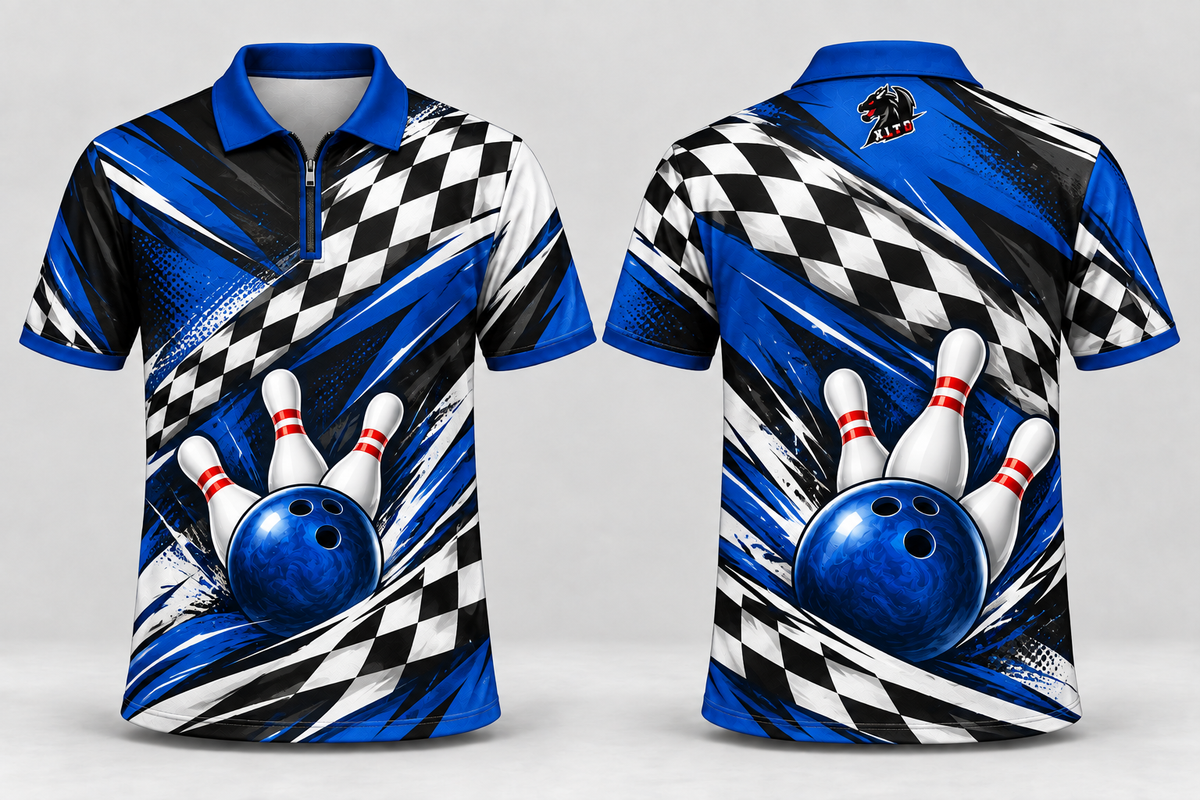 Checkered Rush custom sublimated bowling jersey, front and back views with XLTD logo