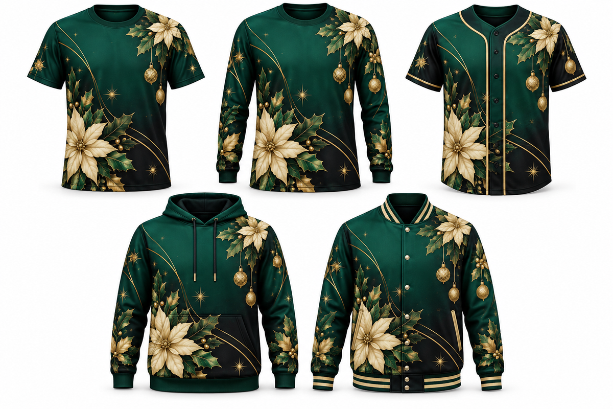 Emerald Noel Christmas design shown on all five apparel options