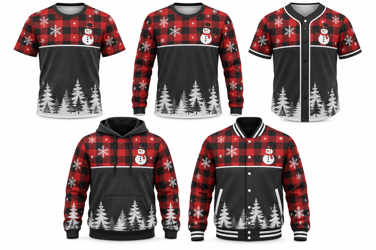 Frosty Plaid Christmas design shown on all five apparel options