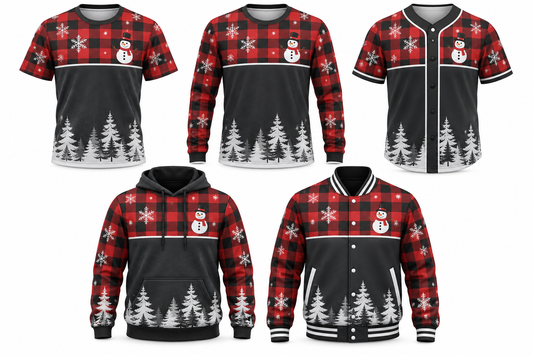 Frosty Plaid Christmas design shown on all five apparel options