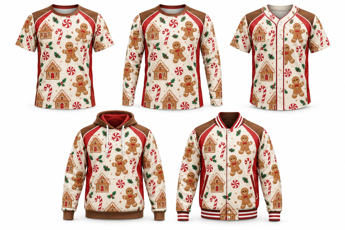 Gingerbread Holiday Christmas design shown on all five apparel options