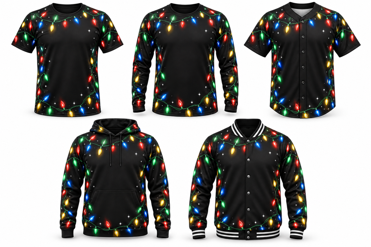Holiday Lights Christmas design shown on all five apparel options