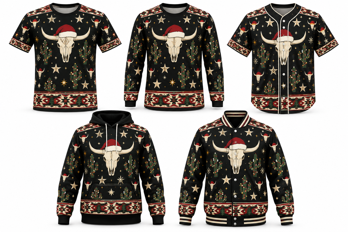 Lone Star Christmas Christmas design shown on all five apparel options