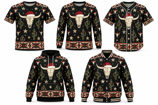 Lone Star Christmas Christmas design shown on all five apparel options