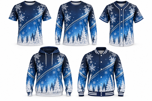 Midnight Snowfall Christmas design shown on all five apparel options