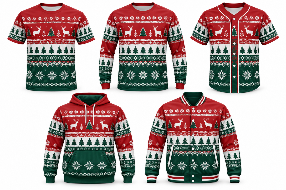 North Pole Classic Christmas design shown on all five apparel options