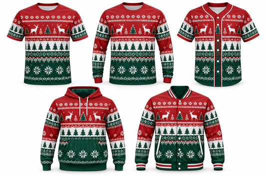 North Pole Classic Christmas design shown on all five apparel options