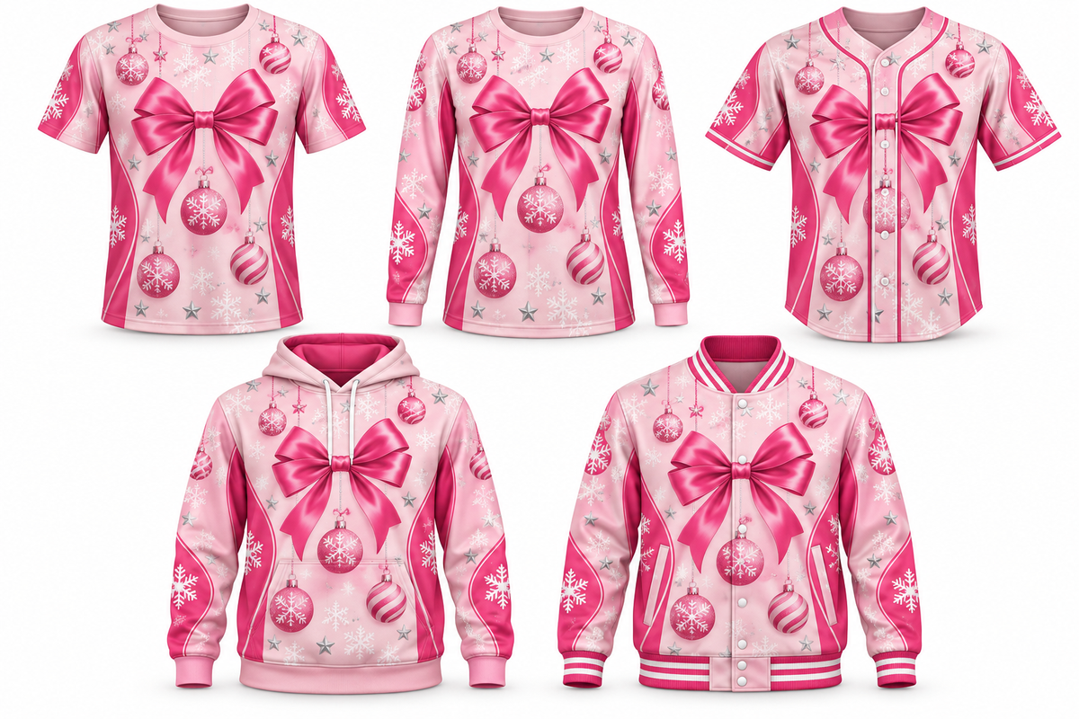 Pink Christmas Christmas design shown on all five apparel options