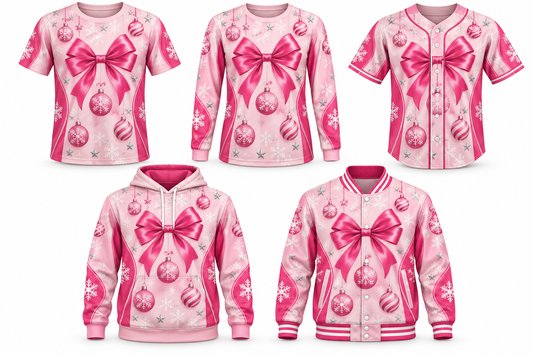 Pink Christmas Christmas design shown on all five apparel options