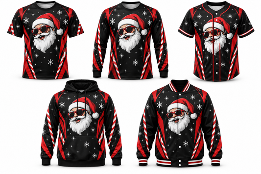 Santa After Dark Christmas design shown on all five apparel options