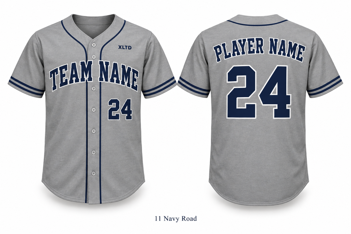 Navy Road classic full-button baseball jersey front and back mockup
