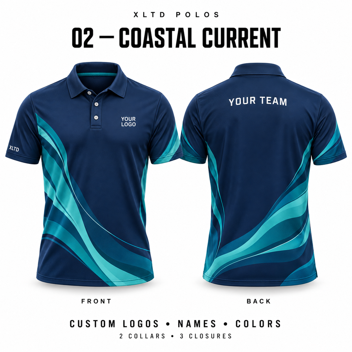 Coastal Current custom polo front and back, Normal Polo collar with 3 Button closure; customizable in Navy / Teal / Aqua.