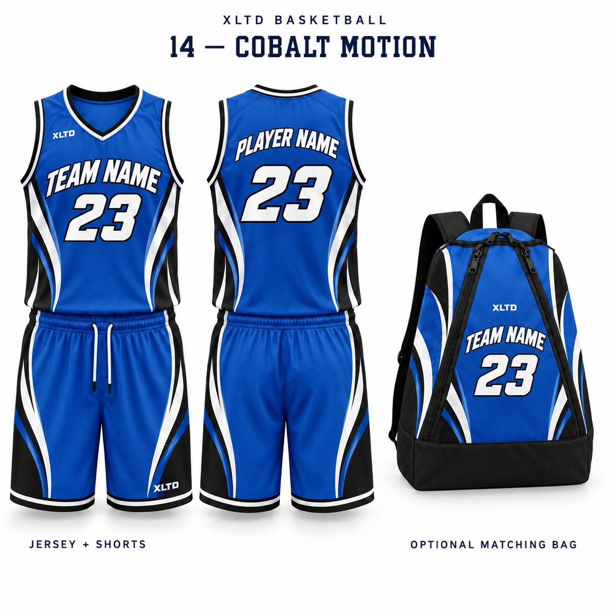 Cobalt Motion XLTD custom basketball jersey and shorts, front and back views, with optional matching tapered backpack.