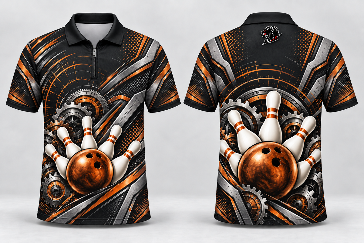 Copper Gear custom sublimated bowling jersey, front and back views with XLTD logo