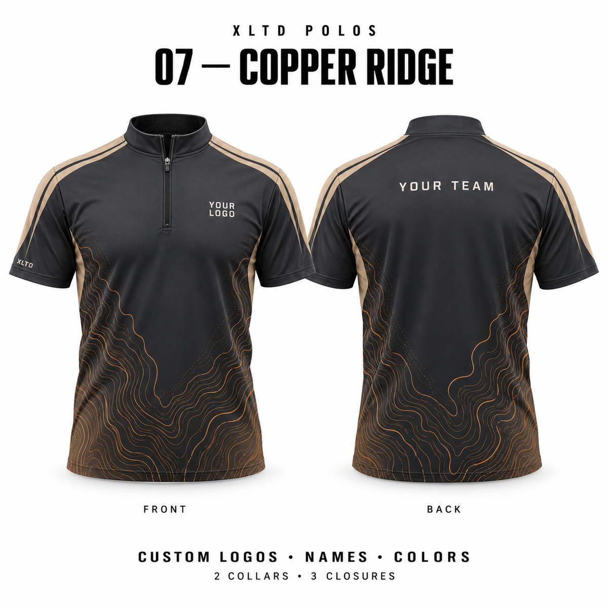 Copper Ridge custom polo front and back, Mandarin / Stand-Up collar with 1/4 Zipper closure; customizable in Charcoal / Copper / Sand.