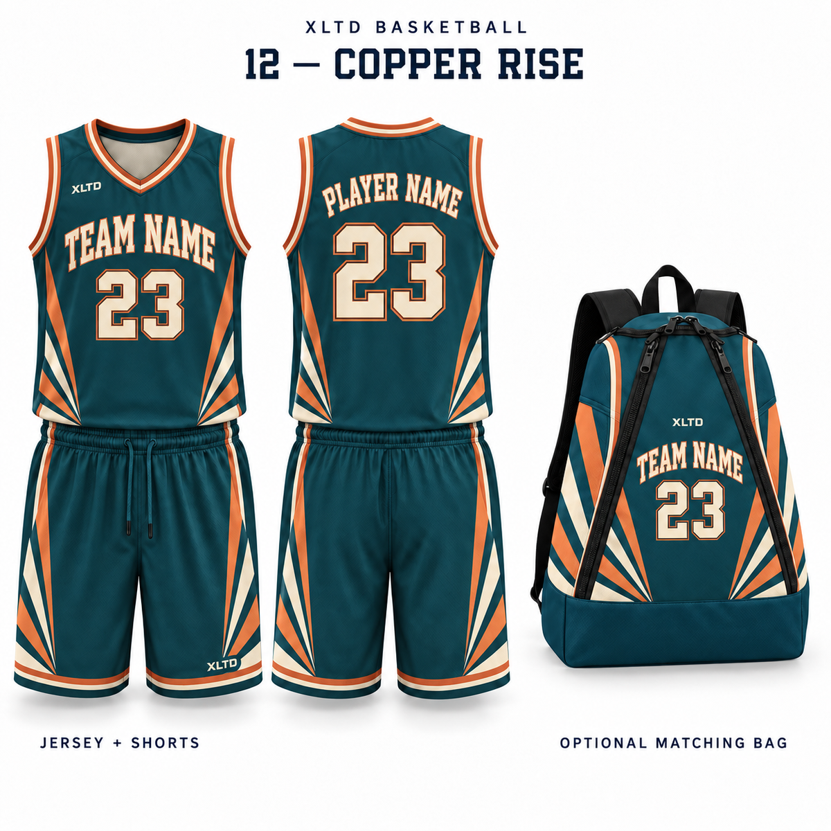 Copper Rise XLTD custom basketball jersey and shorts, front and back views, with optional matching tapered backpack.