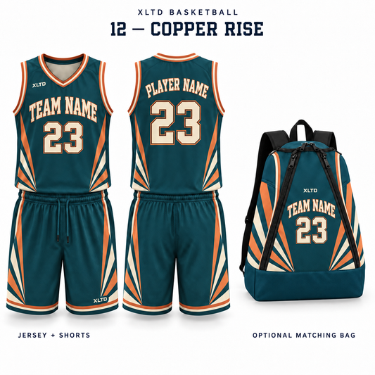 Copper Rise XLTD custom basketball jersey and shorts, front and back views, with optional matching tapered backpack.
