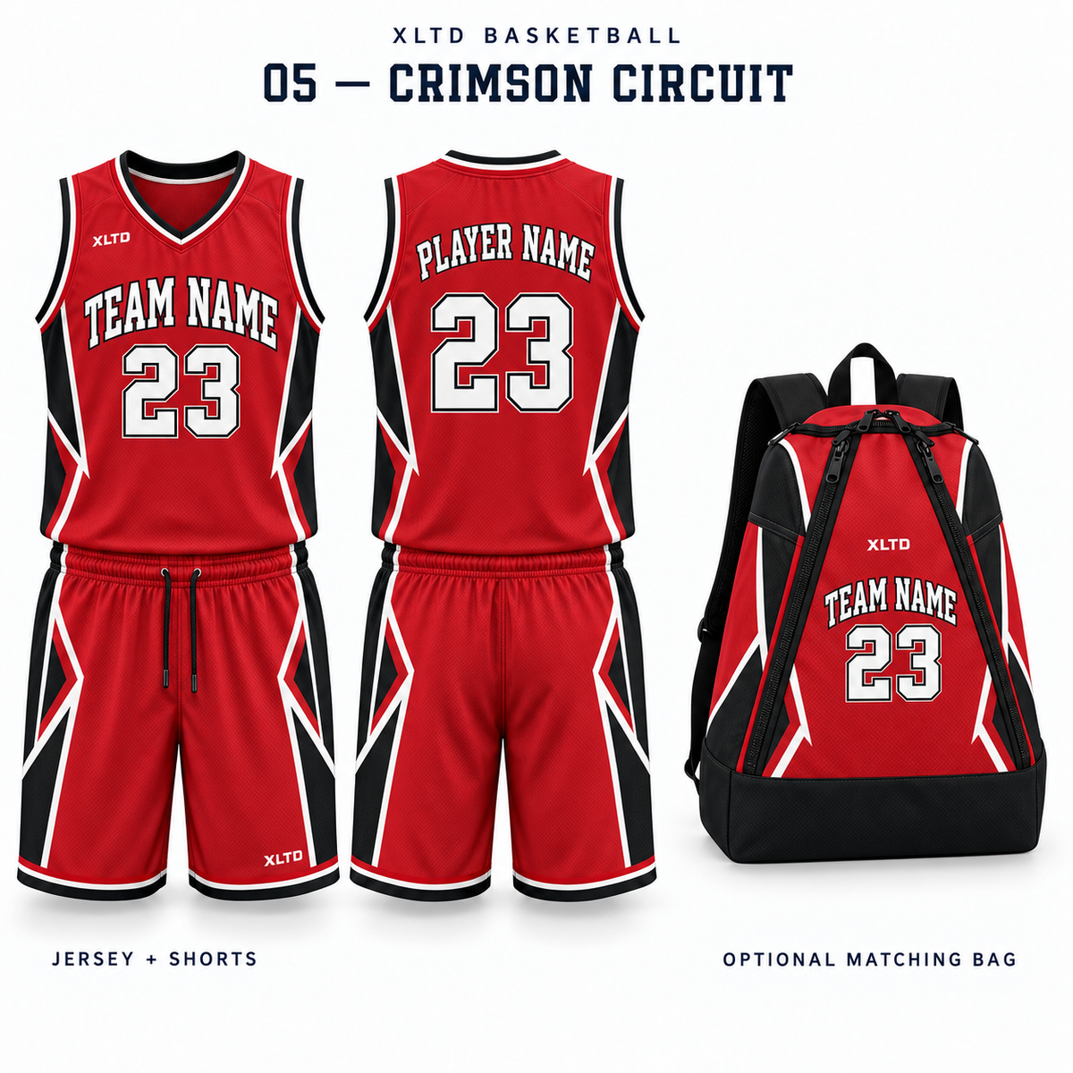 Crimson Circuit XLTD custom basketball jersey and shorts, front and back views, with optional matching tapered backpack.