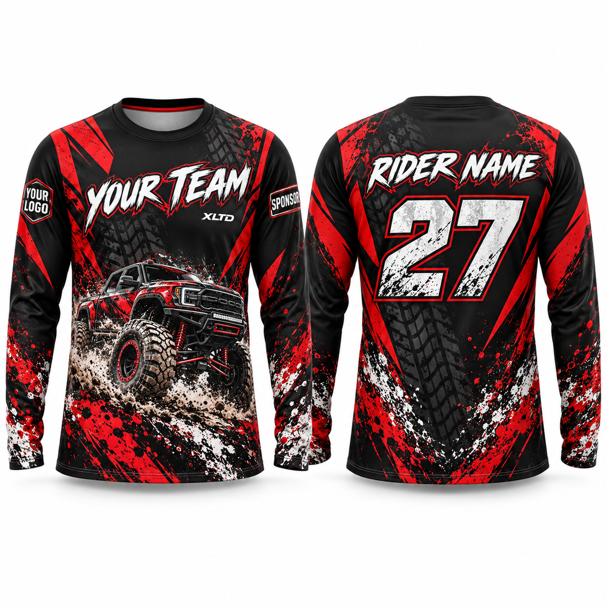 Crimson Mud custom off-roading shirt in red, black and white, front and back with customizable team name, rider name, number, logo and sponsors