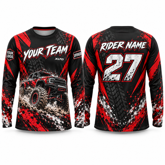 Crimson Mud custom off-roading shirt in red, black and white, front and back with customizable team name, rider name, number, logo and sponsors